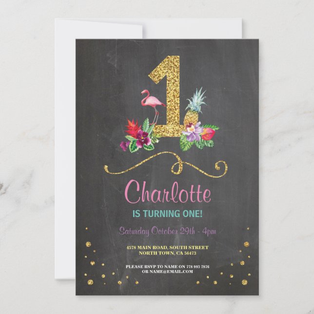 Flamingo Aloha 1 första födelsedag Party Inbjudan (Framsida)