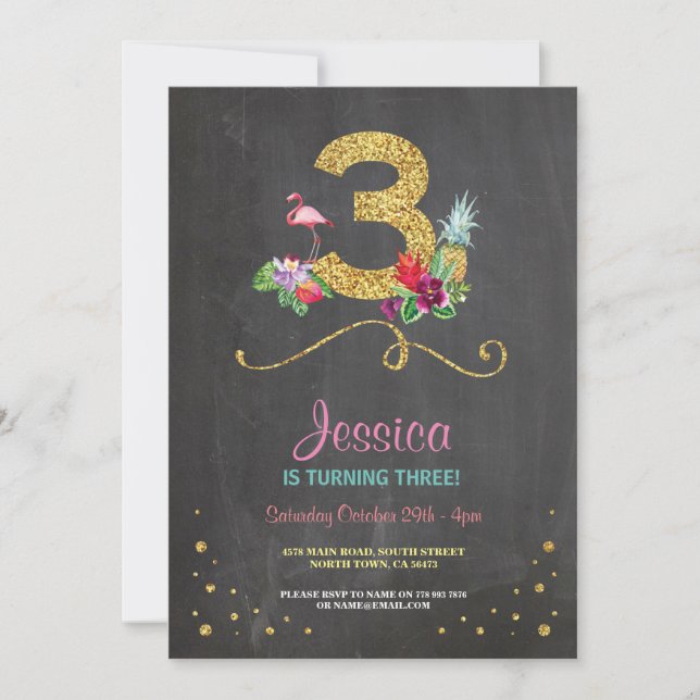 Flamingo Aloha 3:e Födelsedagsfesten Chalk Inbjuda Inbjudningar (Framsida)