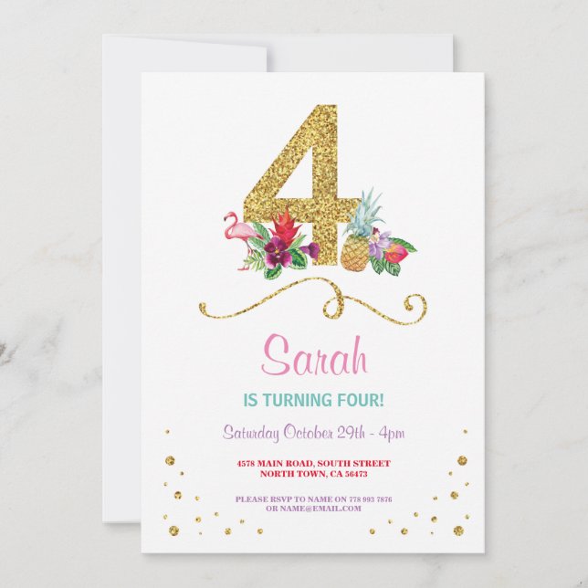 Flamingo Aloha 4:e Födelsedagsfesten Inbjudan (Framsida)