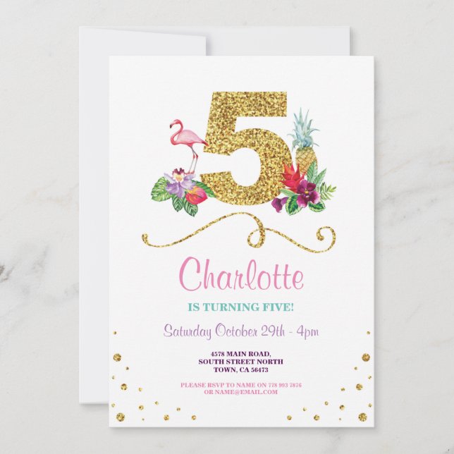 Flamingo Aloha 5:e Födelsedagsfesten Inbjudan (Framsida)