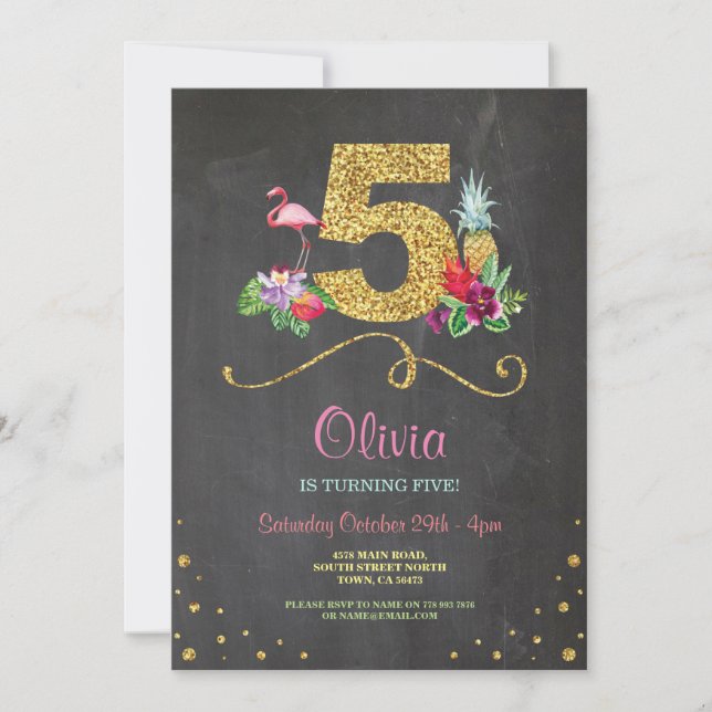 Flamingo Aloha Femte Födelsedagsfesten Chalk Inbju Inbjudningar (Framsida)