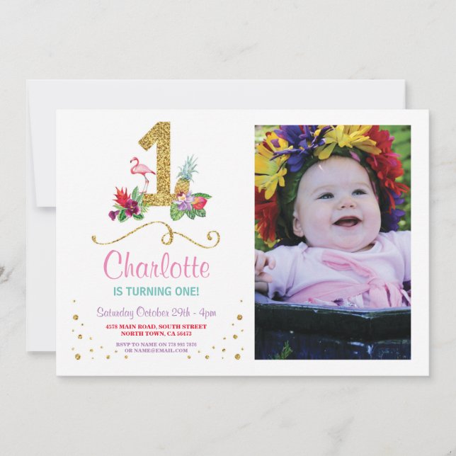 Flamingo Aloha First One Födelsedagsfest Photo Inbjudningar (Framsida)