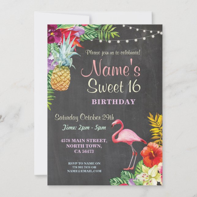 Flamingo Aloha Sweet 16:e Födelsedagsfesten Inbjud Inbjudningar (Framsida)