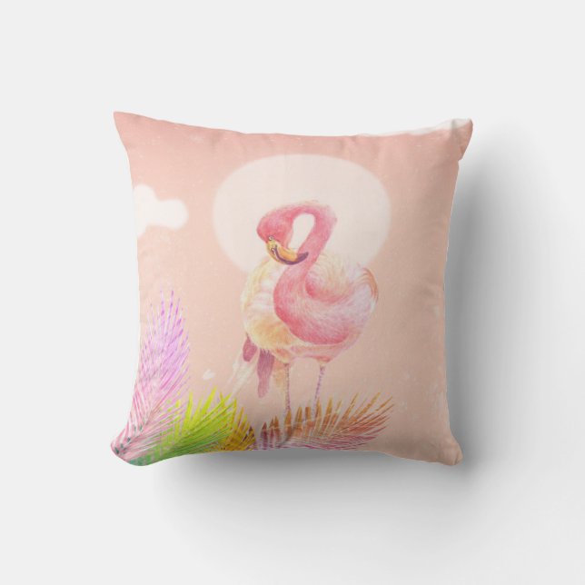 Flamingo Älskare | Cute Flamingo Bird med Löv Kudde (Framsida)
