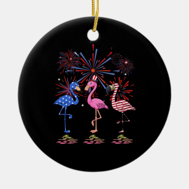 Flamingo American Flagga för 4 juli Julgransprydnad Keramik (Framsidan)