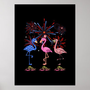 Flamingo American Flagga för 4 juli Poster