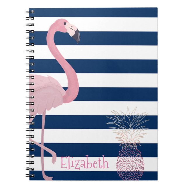 Flamingo,Ananas Marinblå Ränder-Personlig Anteckningsbok (Framsidan)