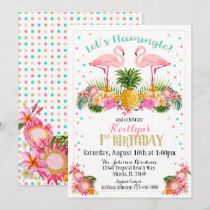 Flamingo Ananas och Tropisk Blommigt Födelsedag Inbjudningar