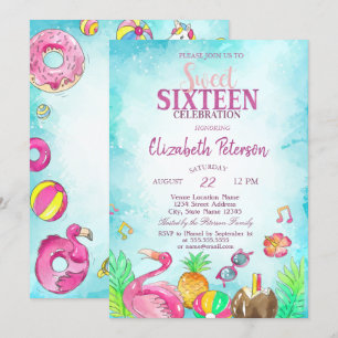 Flamingo Ananas Sommar Pool Sweet 16 Inbjudningar