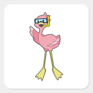 Flamingo at Diving with Snorkel Fyrkantigt Klistermärke