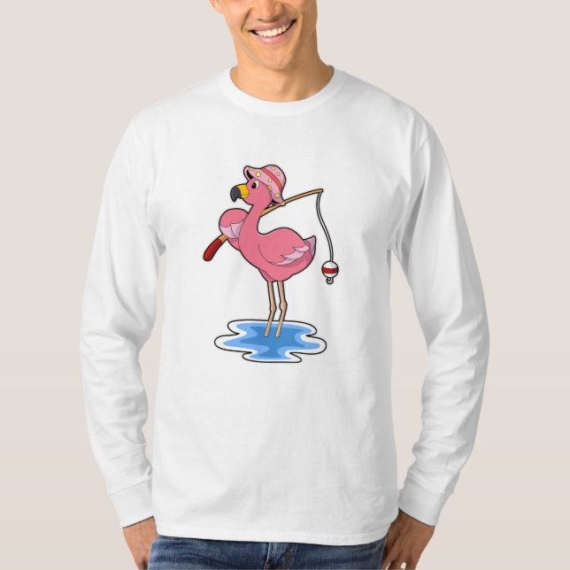Flamingo at Fishing with Fishing Rod T Shirt (Framsida)