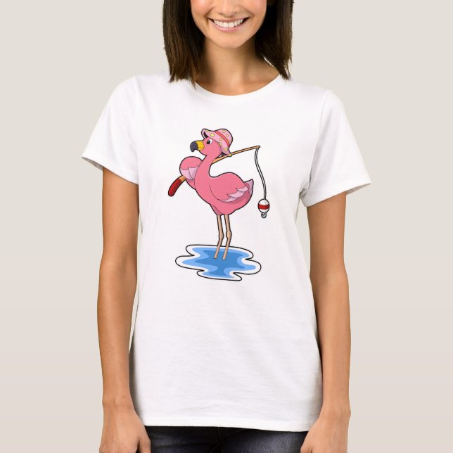 Flamingo at Fishing with Fishing Rod T Shirt (Framsida)
