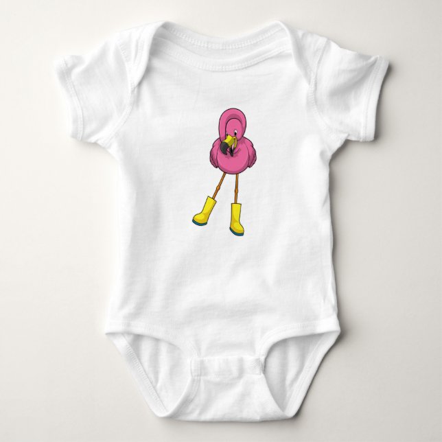 Flamingo at Raining with Rubber boots T Shirt (Framsida)
