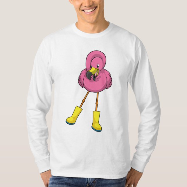 Flamingo at Raining with Rubber boots T Shirt (Framsida)