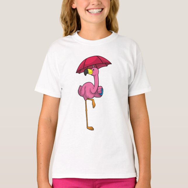 Flamingo at Rining with Parbrella T Shirt (Framsida)
