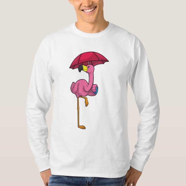 Flamingo at Rining with Parbrella T Shirt (Framsida)