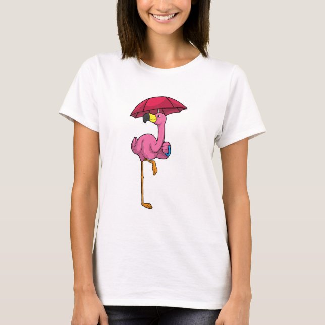 Flamingo at Rining with Parbrella T Shirt (Framsida)