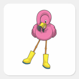 Flamingo at Rining with Rubber boots Fyrkantigt Klistermärke
