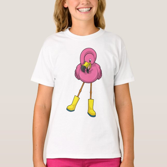 Flamingo at Rining with Rubber boots T Shirt (Framsida)