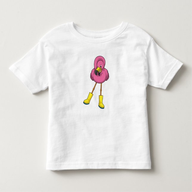 Flamingo at Rining with Rubber boots T Shirt (Framsida)
