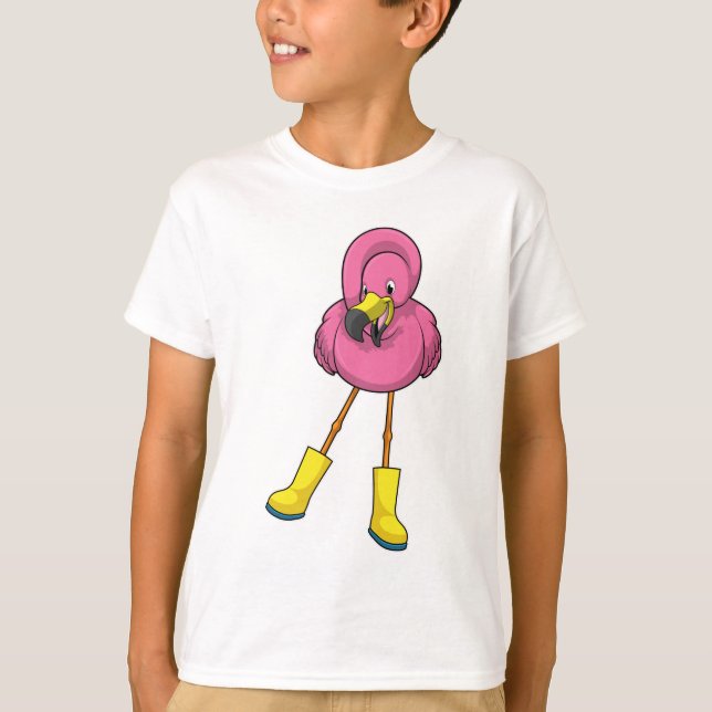 Flamingo at Rining with Rubber boots T Shirt (Framsida)