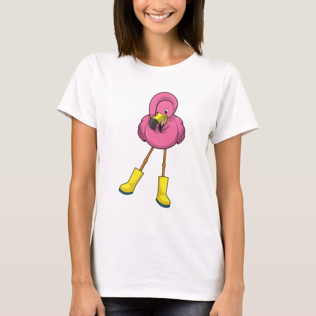 Flamingo at Rining with Rubber boots T Shirt (Framsida)