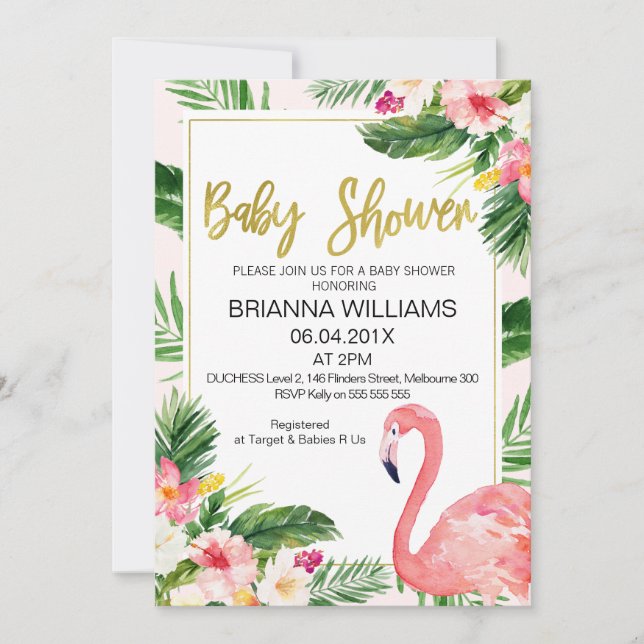 Flamingo Baby Shower-inbjudan till Tropical Blommi Inbjudningar (Framsida)