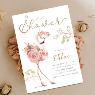 Flamingo Baby Shower, Modern Blommig Rosa Flamingo Inbjudningar