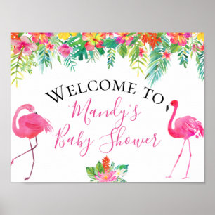 Flamingo Baby Shower-skylt för tropisk Blommigt Poster