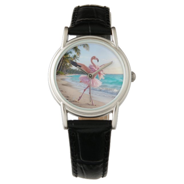 Flamingo Ballerina In a Pink Tutu On the Beach Armbandsur (Framsida)