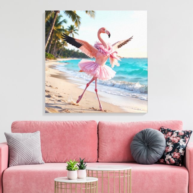 Flamingo Ballerina In a Pink Tutu On the Beach Canvastryck (Insitu (Vardagsrum))
