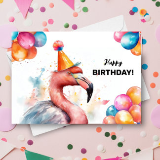 Flamingo Balloons and Party Hat Tropical Birthday Kort