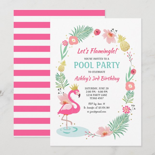 Flamingo Bassäng bjudande till Tropiska födelsedag Inbjudningar (Fram/baksida)