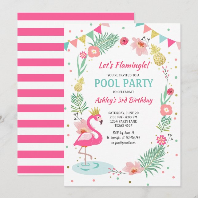 Flamingo Bassäng bjudande till Tropiska födelsedag Inbjudningar (Fram/baksida)