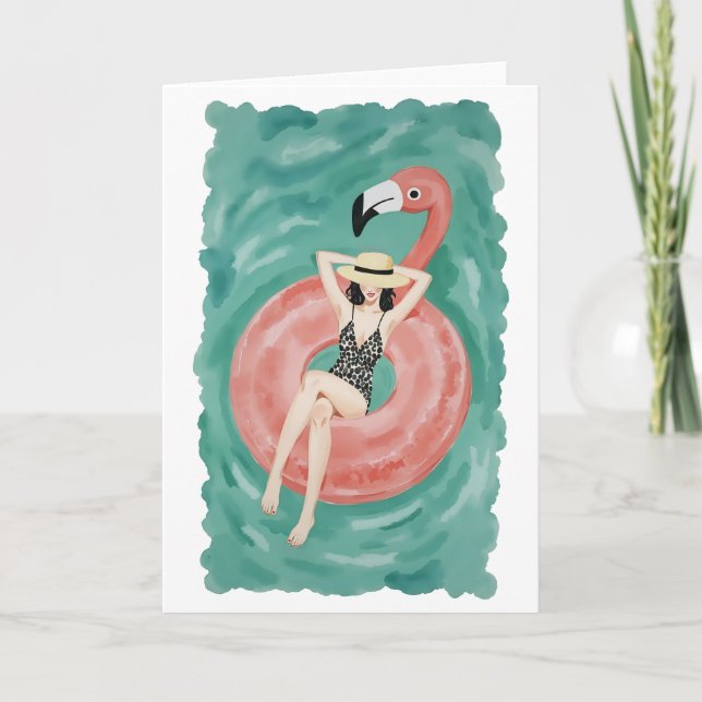 Flamingo Bassäng Floatie Watercolor Kort (Framsida)