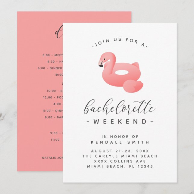 Flamingo Bassäng Flyter minimal Bachelorette Helg Inbjudningar (Fram/baksida)