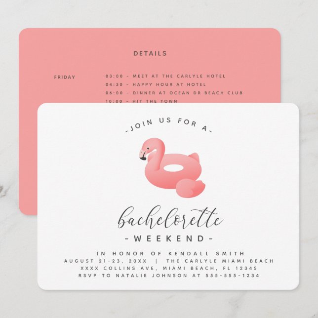 Flamingo Bassäng Flyter minimal Bachelorette Helg Inbjudningar (Fram/baksida)