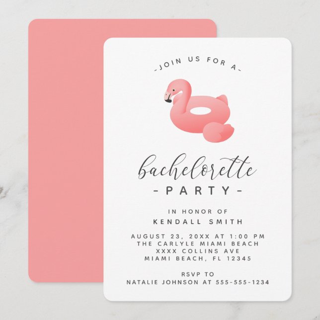 Flamingo Bassäng Flyter minimal Bachelorette Party Inbjudningar (Fram/baksida)