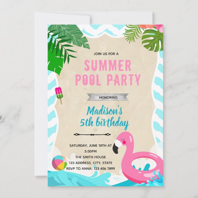 Flamingo bassäng födelsedagsfest inbjudan (Framsida)