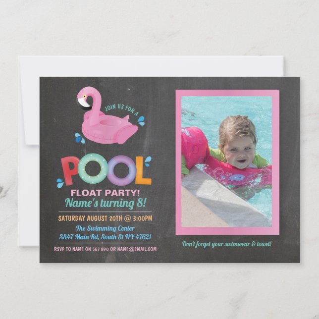 Flamingo Bassäng Party Birthday Beach Flyter Photo Inbjudningar (Framsida)