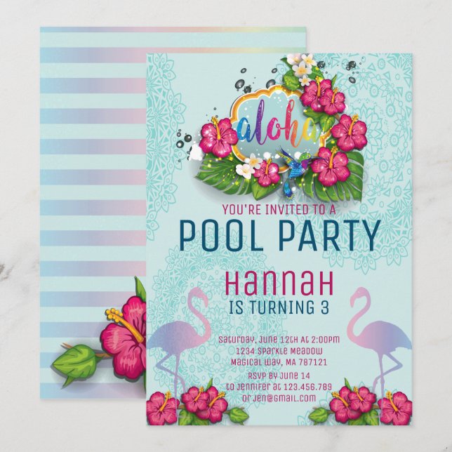 Flamingo Bassäng Party födelsedag - Tropiskt Inbjudningar (Fram/baksida)