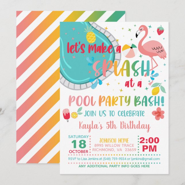 Flamingo Bassäng Party födelsedagsinbjudan Inbjudningar (Fram/baksida)