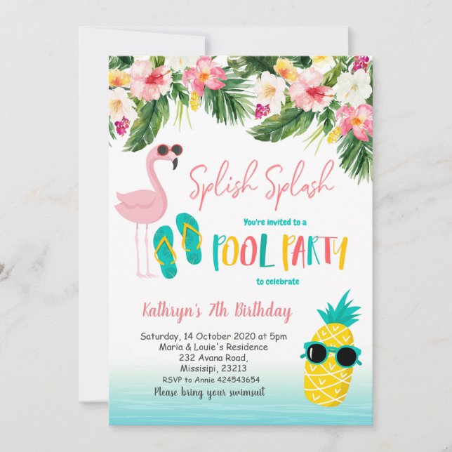 Flamingo Bassäng Party, sommartid, Födelsedagsfest Inbjudningar (Framsida)