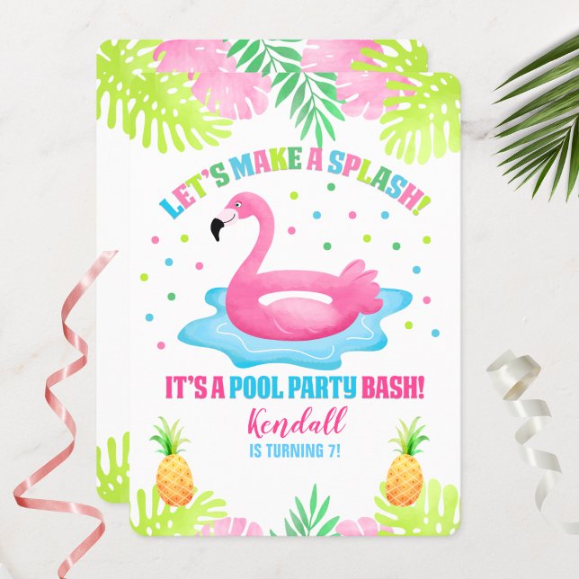 Flamingo Bassäng Party Tropical Birthday-inbjudan Inbjudningar (Flamingo Pool Party Birthday Invitation)