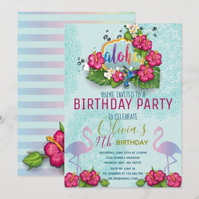Flamingo Bassäng Party: Tropiska inbjudan till föd (Fram/baksida)