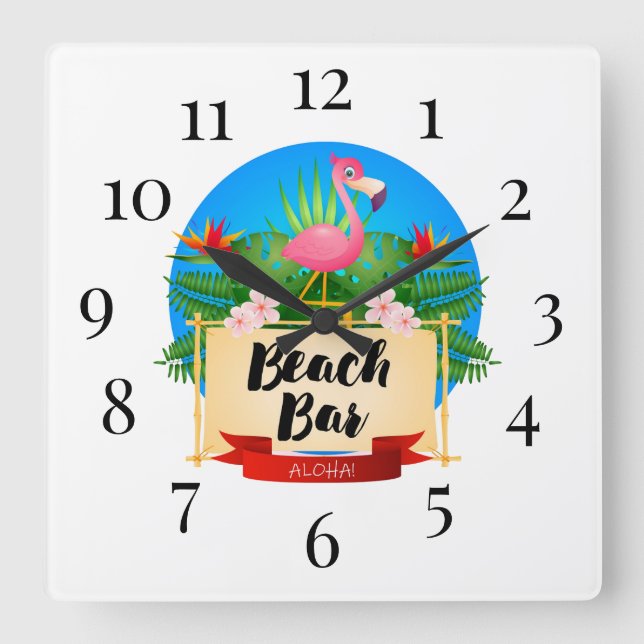 Flamingo Beach Pub Square Wall Clock Fyrkantig Klocka (Framsida)