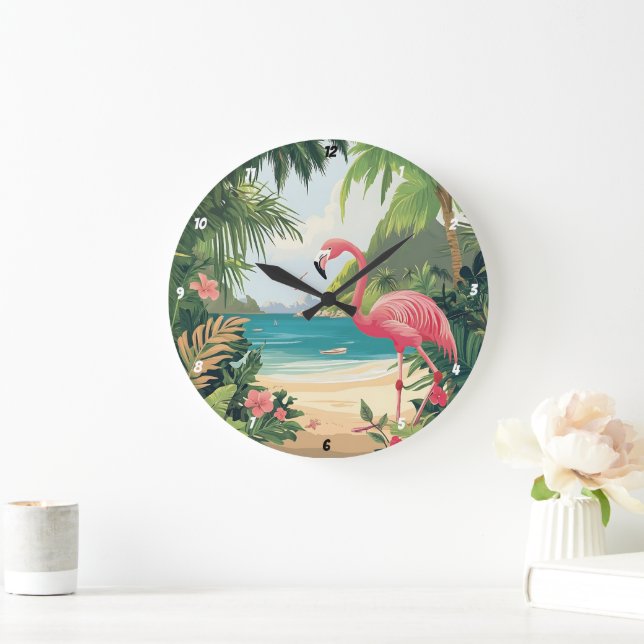 Flamingo Beach Tropical Stor Klocka (Hem)