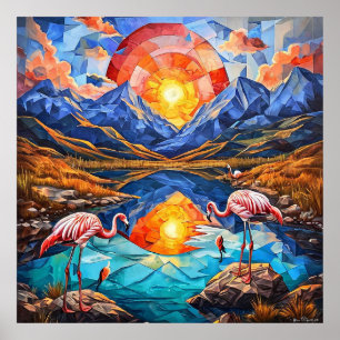 🦩 Flamingo Berg Sjö Dekoration Present För Hemmet Poster