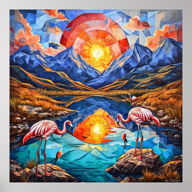 🦩 Flamingo Berg Sjö Dekoration Present För Hemmet Poster (Framsidan)