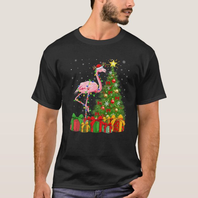 Flamingo Bird Lighting Julafton Träd Santa Flaming T Shirt (Framsida)